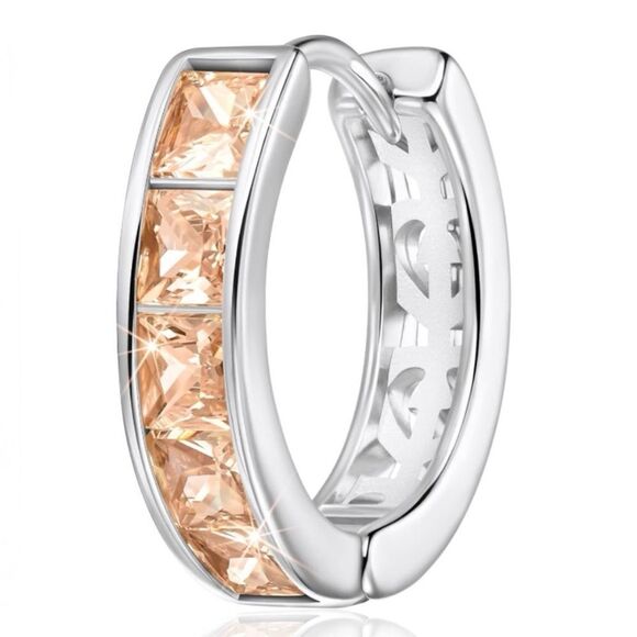 14K White Gold with Peach Morganite Cubic Zirconia Princess Cut Huggie Earrings - Picture 2 of 5